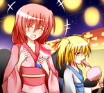  blonde_hair fan festival japanese_clothes kitashirakawa_chiyuri multiple_girls nosada okazaki_yumemi red_hair touhou touhou_(pc-98) twintails 