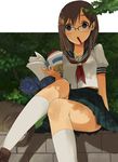  book brown_eyes brown_hair earphones glasses hagihara_asami original pen school_uniform solo 