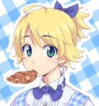  ahoge alternate_hairstyle blonde_hair blush croissant dithering food gingham gingham_background green_eyes hair_up hoshii_miki idolmaster idolmaster_(classic) looking_at_viewer maru_(sara_duke) mouth_hold oekaki short_hair solo 