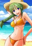  beach bikini blue_eyes braid day green_hair hat hayakawa_aoi jikkyou_powerful_pro_yakyuu long_hair mitora solo straw_hat swimsuit 