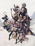  4girls animal_ears armor axe blonde_hair boots bow braid brown_eyes brown_hair cat_ears cat_tail dark_skin elbow_gloves elezen elf final_fantasy final_fantasy_xiv gloves green_skin grey_skin hair_ribbon hat highres hyur lalafell long_hair miqo'te multiple_boys multiple_girls official_art pointy_ears polearm ponytail ribbon roegadyn scarf short_hair sitting smile staff sword tail thigh_boots thighhighs twin_braids weapon white_hair witch_hat yoshida_akihiko 