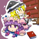  annoyed apron blonde_hair book bookshelf braid chair chibi crescent dress gomi_ichigo grin hair_ribbon hat kirisame_marisa looking_back lying mary_janes multiple_girls on_stomach patchouli_knowledge purple_eyes purple_hair ribbon shoes smile socks sweatdrop touhou witch_hat yellow_eyes 