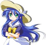  blue_hair crossed_arms dress green_eyes hat izumi_kanata long_hair lucky_star pout rindou_(awoshakushi) sailor_dress solo 