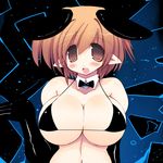 animal_ears bad_id bad_pixiv_id bare_shoulders bikini_top blush bow bowtie breasts brown_eyes brown_hair cleavage elbow_gloves gloves huge_breasts looking_at_viewer open_mouth original pointy_ears sakaki_(noi-gren) solo string_bikini 