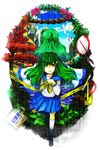  absurdres alternate_costume chan contemporary frog green_eyes green_hair hair_ornament highres kochiya_sanae long_hair school_uniform serafuku solo touhou 