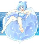  :d bad_id bad_pixiv_id barefoot bikini blue_eyes blue_hair bow cirno feet frozen happy ice naka_akira open_mouth short_hair sitting smile solo swimming swimsuit tankini touhou water wings 