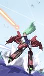  alien armor battle blush carrying choujikuu_yousai_macross city fire flying gerwalk giantess green_hair gunpod harbor highres inui's_meltran inui_(jt1116) long_hair macross macross_zero mecha meltrandi pointy_ears scared soviet sv-51 tears u.n._spacy variable_fighter water weapon zentradi 