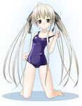  bad_id bad_pixiv_id barefoot black_eyes collarbone kasugano_sora kneeling long_hair looking_at_viewer mihamimo one-piece_swimsuit pulled_by_self school_swimsuit silver_hair solo strap_slip swimsuit swimsuit_pull twintails yosuga_no_sora 