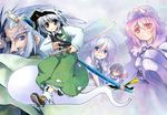  5girls full_body green_skirt hat izayoi_sakuya konpaku_youki konpaku_youmu konpaku_youmu_(ghost) long_sleeves looking_at_viewer mob_cap multiple_girls nanaroku_(fortress76) old_man pink_eyes pink_hair reisen_udongein_inaba running saigyouji_yuyuko shameimaru_aya short_hair silver_hair skirt sleeves_past_wrists touhou triangular_headpiece 