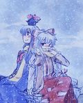  bad_id bad_pixiv_id blush fujiwara_no_mokou holding_hands kamishirasawa_keine lowres mizuki_(flowerlanguage) multiple_girls scarf shared_scarf snow touhou 