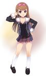  brown_hair hairband idolmaster idolmaster_(classic) koyama_tomosato long_hair minase_iori plaid plaid_skirt pleated_skirt purple_eyes school_uniform skirt socks solo v white_legwear 