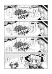  2girls =_= bangs blush bow bush comic eyebrows eyebrows_visible_through_hair greyscale hair_between_eyes hair_bow hair_tubes hakurei_reimu hat hat_bow highres injury kirisame_marisa knife metazone monochrome multiple_girls outdoors ribbon-trimmed_sleeves ribbon_trim speech_bubble spoken_ellipsis sweatdrop torn_clothes touhou translation_request witch_hat 