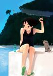  absurdres armpits bad_id bad_pixiv_id black_eyes black_hair bottle cat feet flat_chest highres long_hair nimirom one-piece_swimsuit original ramune sandals school_swimsuit seaside solo swimsuit 