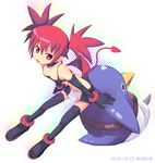  demon_tail demon_wings disgaea earrings etna gloves highres jewelry kazuboh pointy_ears prinny red_eyes red_hair solo tail thighhighs tongue twintails wings 