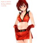  bare_shoulders blush breasts brown_eyes brown_hair cleavage gloves hands_on_hips medium_breasts meiko midriff oekaki phixa short_hair side_slit simple_background solo translated vocaloid 