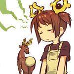  antlers blush_stickers brown_hair closed_eyes gen_2_pokemon hitec horns looking_back moemon personification pokemon pokemon_(creature) short_hair short_twintails simple_background stantler twintails white_background 