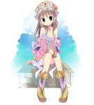  atelier_(series) atelier_totori bare_shoulders boots brown_hair frills grey_eyes hat kanikama looking_at_viewer md5_mismatch pink_footwear sitting smile solo strap_slip totooria_helmold 