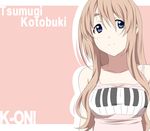  blue_eyes breasts eyebrows face ikari_manatsu k-on! kotobuki_tsumugi long_hair medium_breasts piano_print solo 