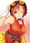  bad_id bad_pixiv_id brown_hair cosplay goggles goggles_on_head gumi gumi_(cosplay) meiko oharu one_eye_closed red_eyes short_hair skirt smile solo vocaloid wrist_cuffs 
