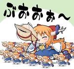  alternate_color alternate_costume blouse blue_blouse blue_dress blue_skirt bow clone conch cosplay detached_sleeves dress hair_bow hakurei_reimu hakurei_reimu_(cosplay) haniwa_(leaf_garden) horn_(instrument) horns ibuki_suika long_hair minigirl multiple_girls orange_hair skirt touhou white_sleeves 