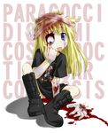  :p bad_id bad_pixiv_id bandages blonde_hair blood blue_eyes bone boots brain deep_wound eyeball guro injury long_hair monster_girl original sitting solo stitches tongue tongue_out umekichi zombie 