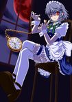  apron bad_id bad_pixiv_id braid crossed_legs full_moon highres izayoi_sakuya juuya_(kisaragi18) knife maid maid_headdress mary_janes moon pocket_watch red_eyes red_moon ribbon shoes short_hair silver_hair sitting socks solo thigh_strap thighhighs touhou twin_braids watch white_legwear wrist_cuffs 