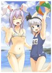  armpits ball beach beachball bikini blue_eyes day face konpaku_youmu konpaku_youmu_(ghost) lavender_hair multiple_girls name_tag navel ocean one-piece_swimsuit reisen_udongein_inaba school_swimsuit side-tie_bikini silver_hair swimsuit touhou yudepii 