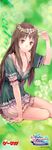  absurdres arm_support arm_up atelier_(series) atelier_totori bangs blouse blush breasts brown_hair cecilia_helmold cleavage downblouse flower frills gradient_hair grey_eyes hair_ornament hair_over_breasts hairclip hand_on_own_head head_wreath highres kishida_mel lace long_hair long_image looking_at_viewer medium_breasts miniskirt multicolored_hair official_art profile purple_hair scan shirt sidelocks sitting skirt smile solo stick_poster tall_image thighs 