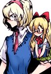  alice_margatroid alternate_costume bespectacled blonde_hair blue_eyes bow contemporary glasses hair_bow hairband long_hair matching_shanghai multiple_girls necktie school_uniform shanghai_doll skirt sweater_vest tima touhou |_| 