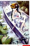  9room absurdres ball bare_shoulders black_hair boat bracelet braid can flower frog from_above hair_over_shoulder hat highres jewelry legs long_hair mouth_hold original red_eyes scan sitting skirt solo spoon twin_braids water watercraft white_skirt 