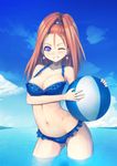  barbara bikini blue_eyes breasts cleavage dragon_quest dragon_quest_vi earrings forehead high_ponytail highres jewelry large_breasts mahito ocean ponytail red_hair solo swimsuit water wet 
