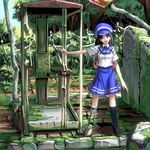  :d amputee backpack bad_id bad_pixiv_id bag black_hair cabbie_hat girl_with_golden_shoe hat kin_no_kutsu_gin_no_kutsu kneehighs loafers masao open_mouth original phone_booth pointing post-apocalypse prosthesis ruins scenery shoes skirt smile solo standing 