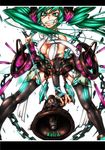  absurdres bad_id bad_pixiv_id breasts bridal_gauntlets chain cleavage covered_nipples green_eyes green_hair hatsune_miku hatsune_miku_(append) highres jongo long_hair medium_breasts megaphone mouth_hold necktie no_panties simple_background solo thighhighs twintails vocaloid vocaloid_append 