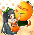  arancia art_brush bad_id bad_pixiv_id black_hair boots globe hair_ribbon hitomi2230 long_hair looking_back miniskirt orange_eyes orange_skirt original paintbrush ribbon signature sitting skirt solo twintails 