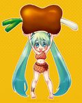  alternate_costume barefoot boned_meat caveman food happy hatsune_miku kichijou_agata long_hair meat solo spring_onion standing twintails very_long_hair vocaloid 
