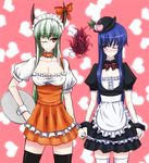  asa_inu black_legwear blue_hair blush breasts cleavage ex-keine flat_chest food fruit fujiwara_no_mokou green_hair hat hinanawi_tenshi horns kamishirasawa_keine large_breasts long_hair multiple_girls peach red_eyes thighhighs touhou tray waitress white_legwear 