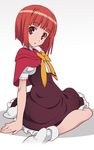  :o akai_ringo_(ookami-san) arm_support bangs blunt_bangs bob_cut bow brown_eyes capelet dress head_tilt looking_back nyoro_(nyoronyoro000) ookami-san red_hair short_hair sitting socks solo wariza 