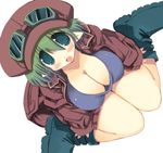  blush boots breasts cleavage goggles goggles_on_head green_eyes green_hair hat jpeg_artifacts kneeling large_breasts looking_at_viewer open_mouth original pointy_ears sakaki_(noi-gren) solo 