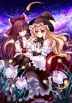  adapted_costume bad_id bad_pixiv_id bare_shoulders blonde_hair bow braid brown_eyes brown_hair carrying detached_sleeves douji dress fireflies flower hair_bow hakurei_reimu hat kirisame_marisa long_hair milky_way multiple_girls night princess_carry side_braid smile star_(sky) touhou witch_hat yellow_eyes 