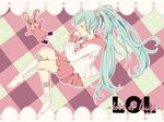  aqua_eyes aqua_hair argyle bandaid bunny engrish frilled_legwear frills hatsune_miku kneehighs legs long_hair lots_of_laugh_(vocaloid) profile ranguage scrunchie shion_sorakaze skirt socks solo stuffed_animal stuffed_bunny stuffed_toy very_long_hair vocaloid 