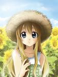  blonde_hair blue_eyes dress flower hat k-on! kotobuki_tsumugi long_hair solo straw_hat sunflower tomo_(rocket_start!) 