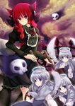  adapted_costume animal_ears blue_eyes bow braid cat_ears dress floating_skull ghost hair_bow halo highres kaenbyou_rin long_hair looking_at_viewer multiple_girls pointy_ears red_eyes red_hair rimu_(kingyo_origin) skull smile touhou twin_braids twintails wheelbarrow zombie_fairy 