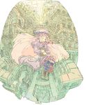  boots bow capelet closed_eyes dress fisheye frills hair_bow hat imageboard_colors library oekaki open_mouth patchouli_knowledge socks solo touhou voile yuji_(masterpiece) 