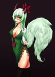  :p asa_inu bespectacled black_legwear bow breasts cleavage dress dress_lift ex-keine glasses green_hair horns kamishirasawa_keine large_breasts long_hair red_eyes solo tail thighhighs tongue tongue_out touhou 