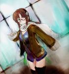  bag belt black_legwear blue_eyes blush breasts brown_hair carlos_toshiki cleavage dress face glasses hairband handbag highres jacket makinami_mari_illustrious medium_breasts neon_genesis_evangelion rebuild_of_evangelion scarf solo thighhighs twintails zettai_ryouiki 