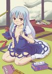  blue_hair book breasts cleavage hat hat_removed headwear_removed kamishirasawa_keine kt long_hair medium_breasts no_bra oarfish open_clothes red_eyes sitting smile socks solo tatami tissue_box touhou undressing yokozuwari 