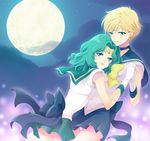  back_bow bad_id bad_pixiv_id bishoujo_senshi_sailor_moon blonde_hair blue_choker blue_sailor_collar blue_skirt bow choker couple full_moon gloves green_eyes green_hair hashi_(yakinikuteisyoku) holding_hands kaiou_michiru magical_girl moon multiple_girls outer_senshi sailor_collar sailor_neptune sailor_senshi sailor_senshi_uniform sailor_uranus short_hair skirt ten'ou_haruka tiara very_short_hair white_gloves yellow_bow yuri 