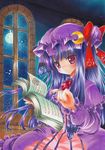  book full_moon hat hat_ribbon marker_(medium) moon night night_sky patchouli_knowledge ribbon sikitan sky solo touhou traditional_media window 