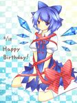  bad_id bad_pixiv_id birthday blue_eyes blue_hair blush bow checkered checkered_background cirno dress english gift hair_bow happy_birthday kneehighs kureha_goya no_nose open_mouth ribbon short_hair sitting socks solo touhou wariza wings 