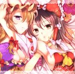  armpits blonde_hair breasts brown_hair cleavage detached_sleeves flower hair_over_one_eye hair_ribbon hakurei_reimu hat large_breasts mikazuki_tenma multiple_girls necktie purple_eyes red_eyes ribbon sideboob touhou yakumo_yukari yuri 